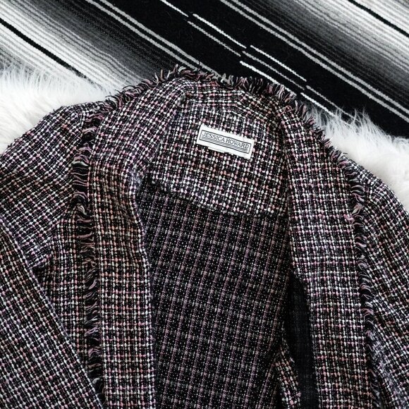 JESSICA HOWARD BLAZER SZ L BLACK PINK & WHITE JACKET TWEED FRINGE ACADEMIA - Picture 4 of 6